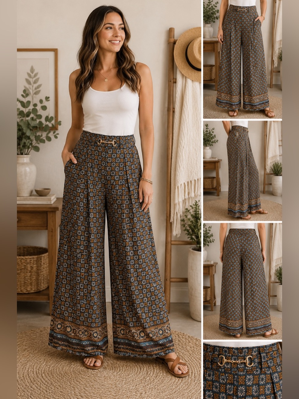 Cato Boho Wide Leg Pants Brown Blue Floral Geometric Print Size Small